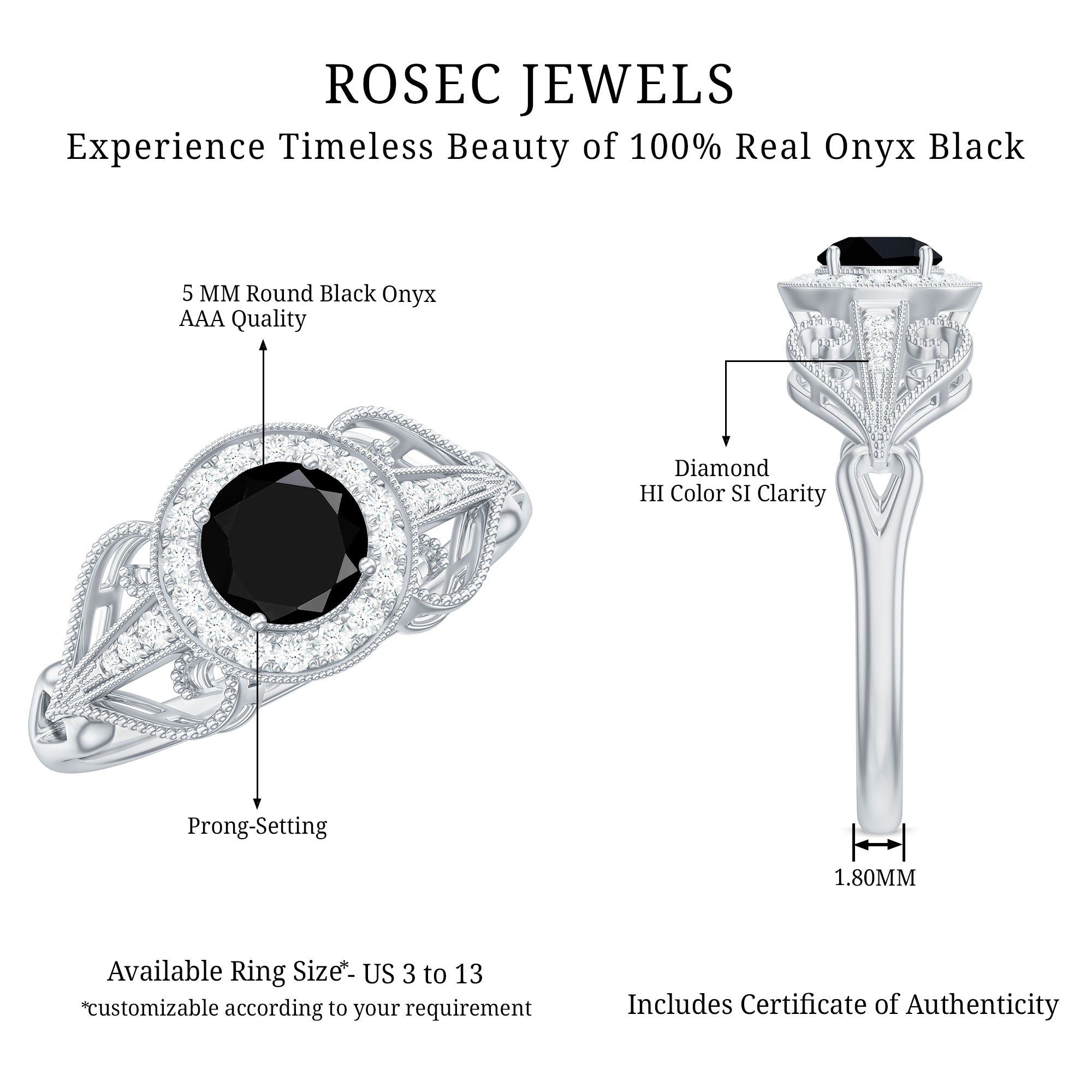 0.4 Carat Round Black Onyx Vintage Engagement Ring with Diamond Halo