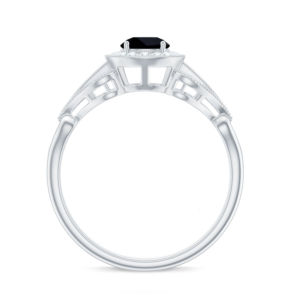 0.4 Carat Round Black Onyx Vintage Engagement Ring with Diamond Halo