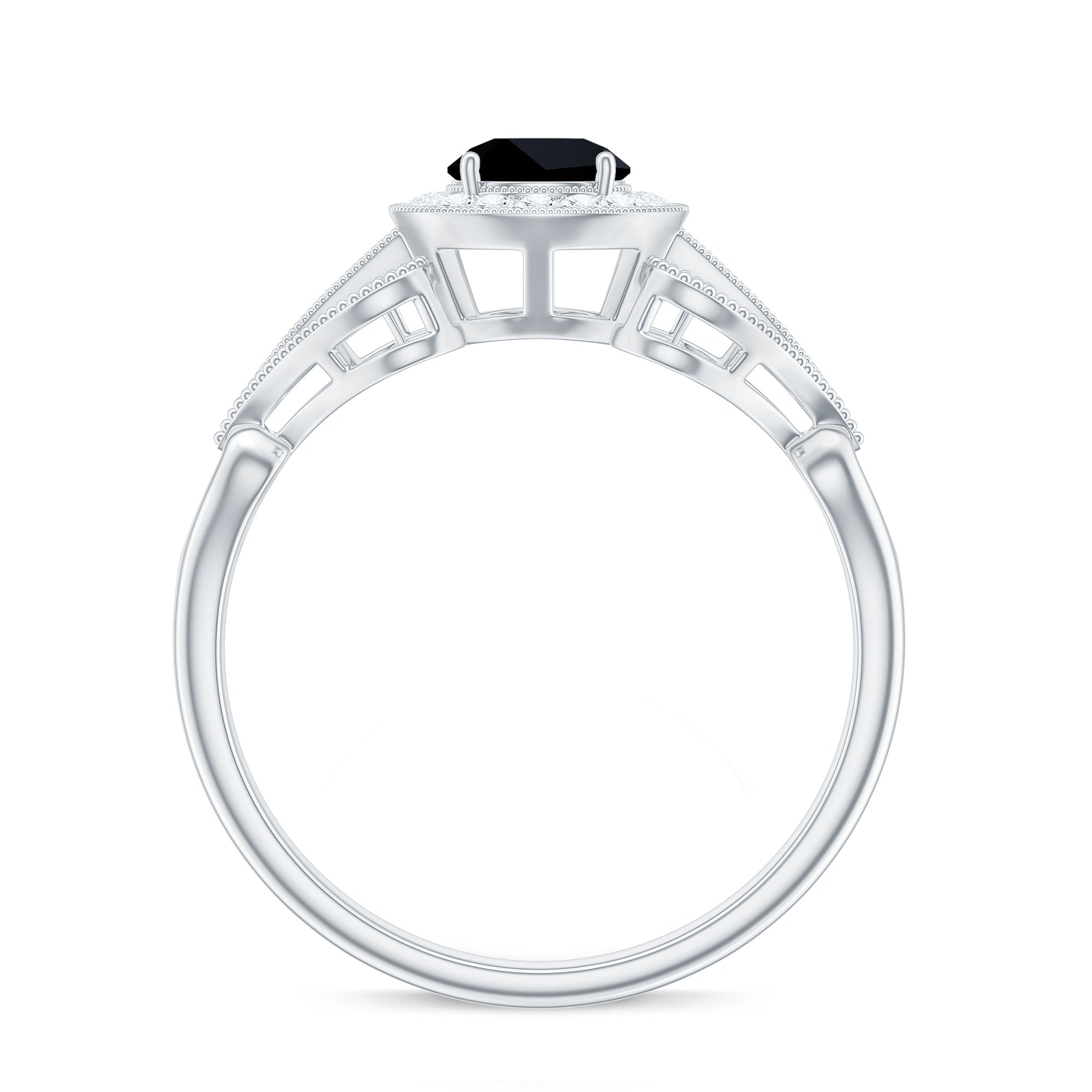 0.4 Carat Round Black Onyx Vintage Engagement Ring with Diamond Halo