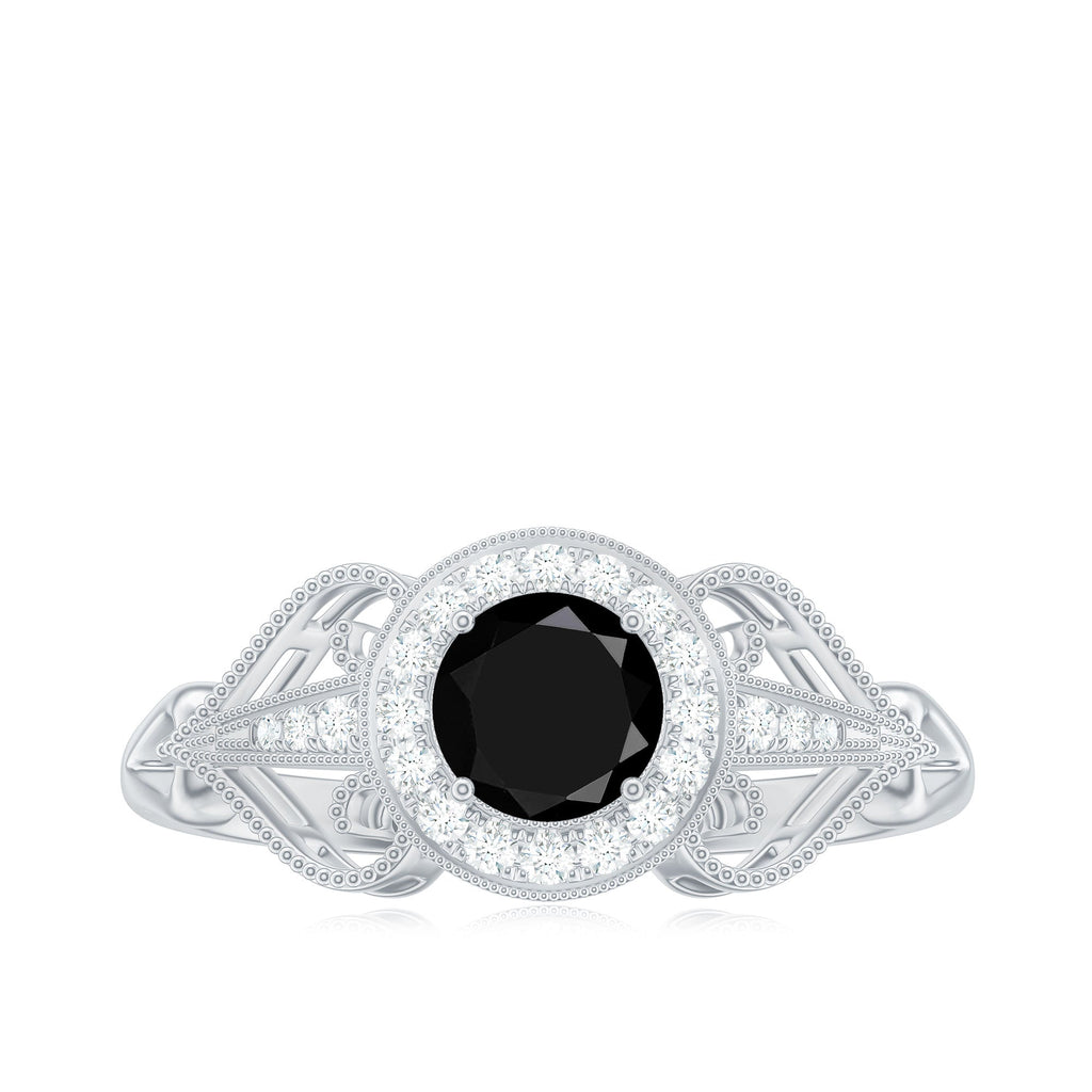 0.4 Carat Round Black Onyx Vintage Engagement Ring with Diamond Halo