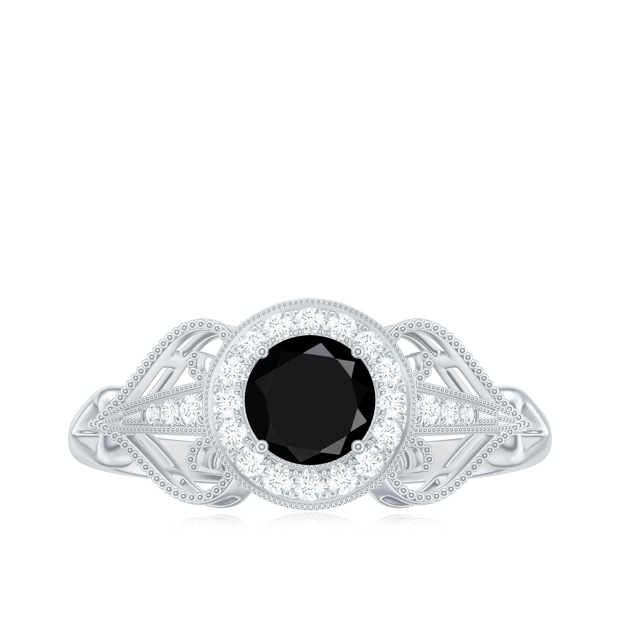 0.4 Carat Round Black Onyx Vintage Engagement Ring with Diamond Halo