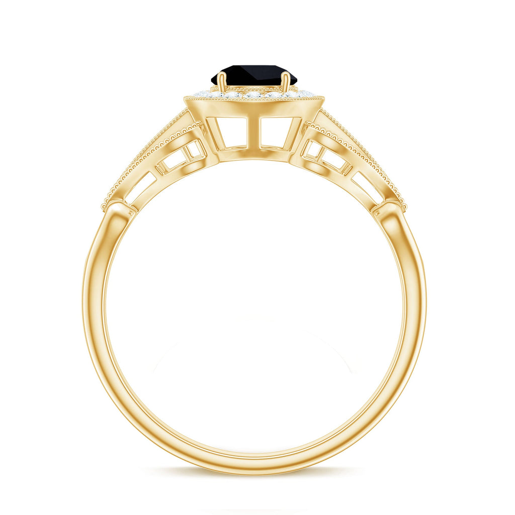 0.4 Carat Round Black Onyx Vintage Engagement Ring with Diamond Halo