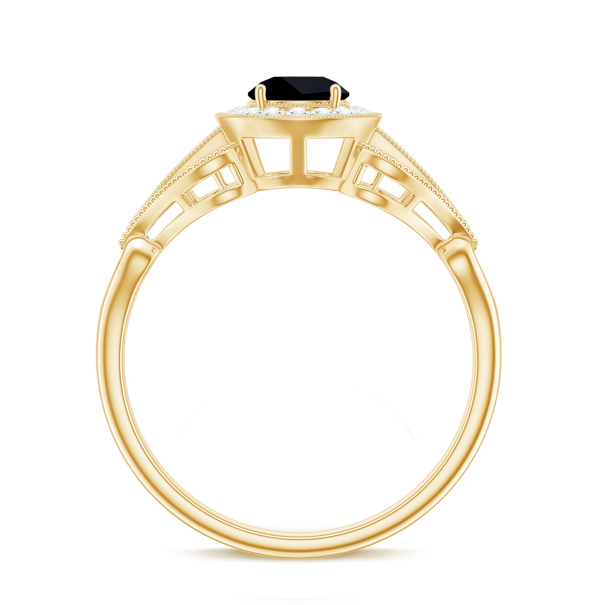 0.4 Carat Round Black Onyx Vintage Engagement Ring with Diamond Halo