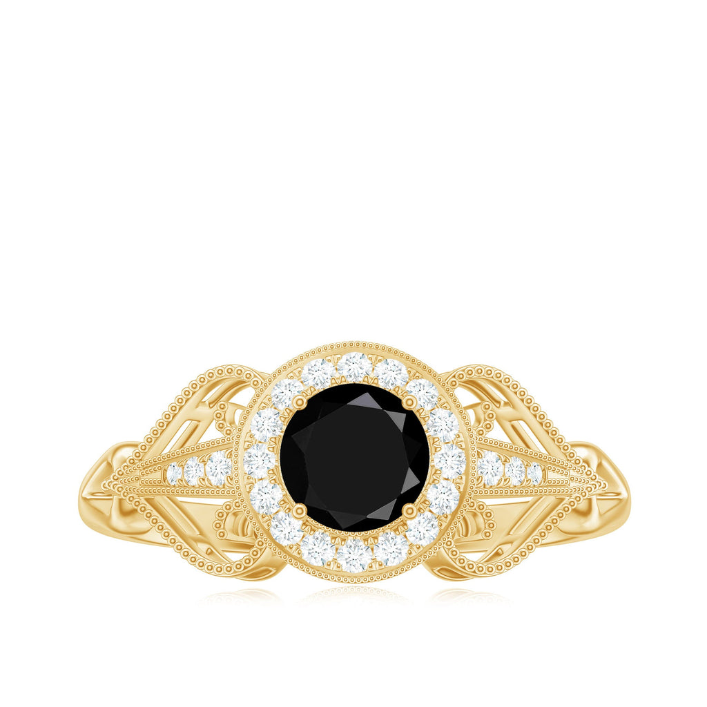 0.4 Carat Round Black Onyx Vintage Engagement Ring with Diamond Halo