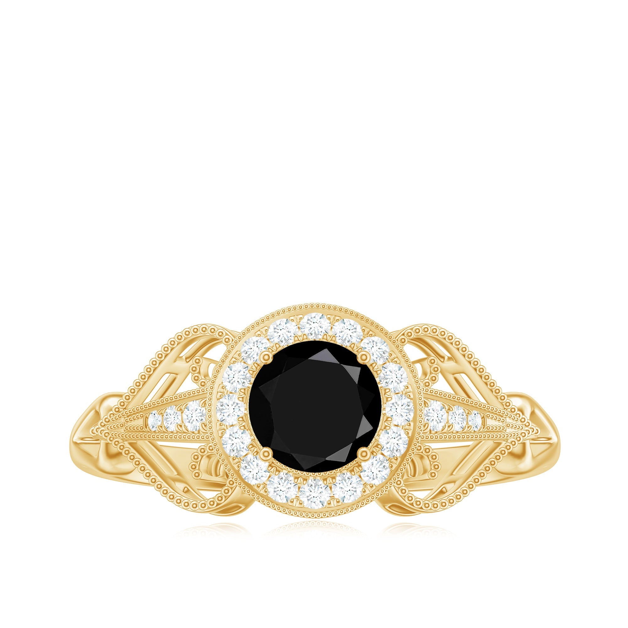 0.4 Carat Round Black Onyx Vintage Engagement Ring with Diamond Halo