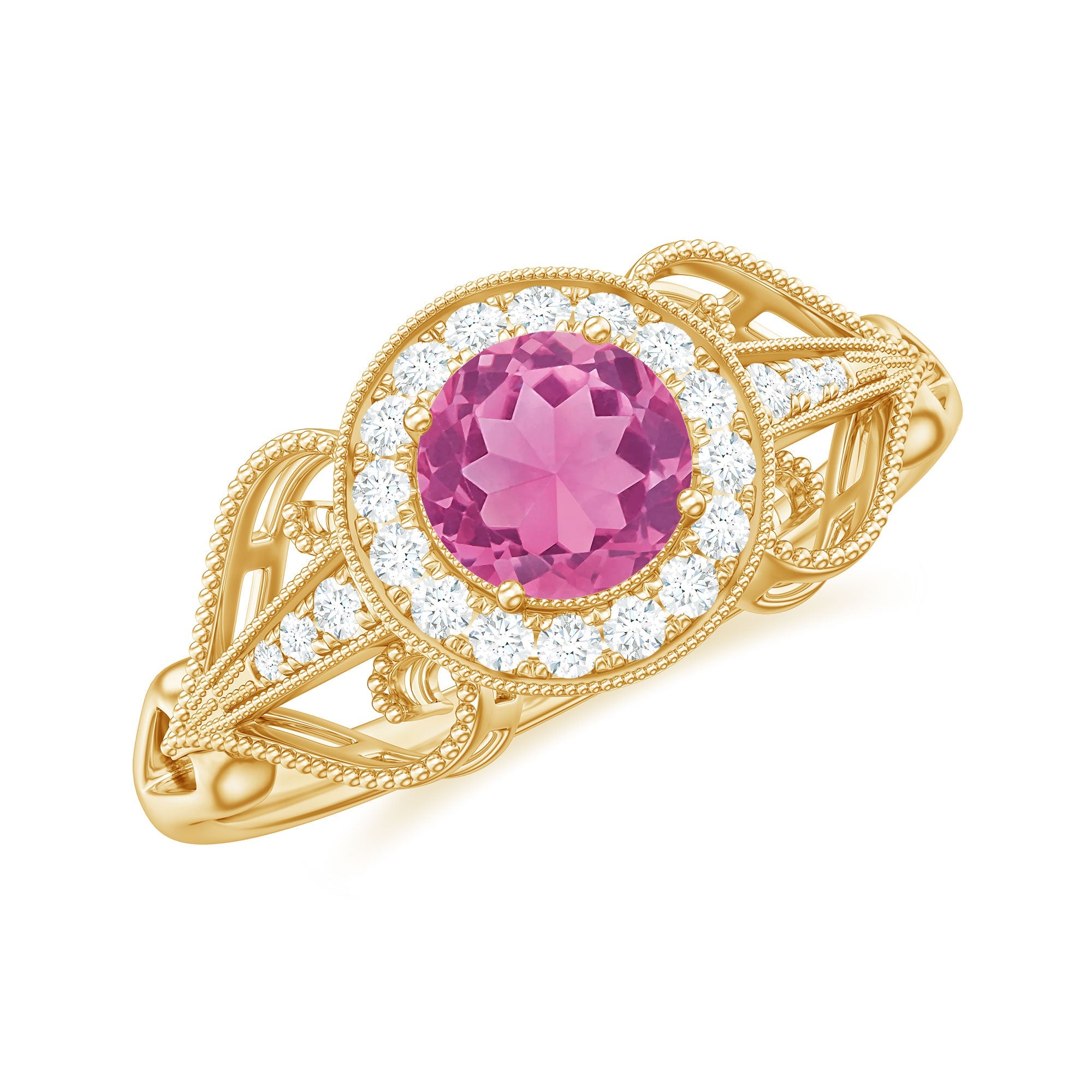 Pink Tourmaline Engagement Ring – Vintage Diamond Halo Setting With AAA Quality Stones
