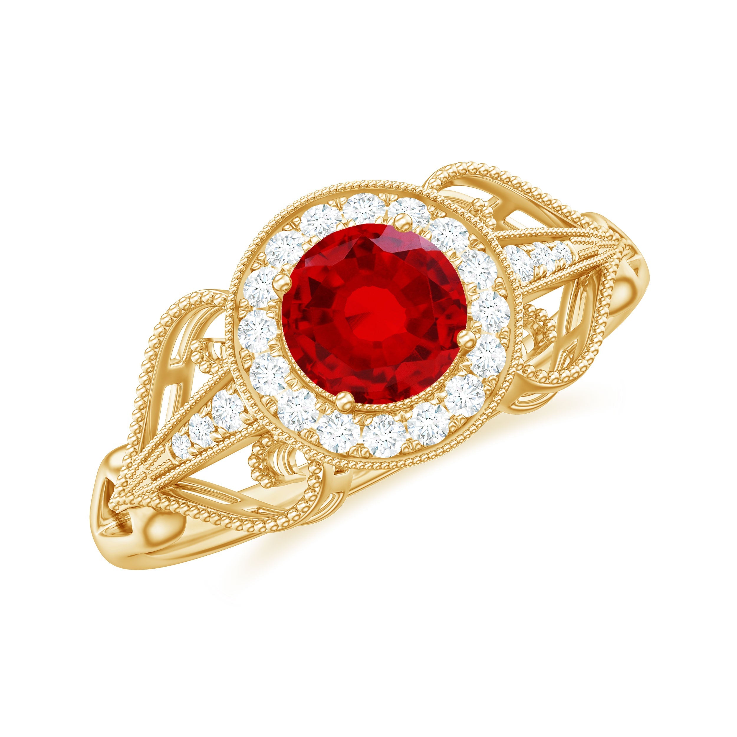Lab created ruby and diamond vintage engagement ring in yellow gold with filigree details