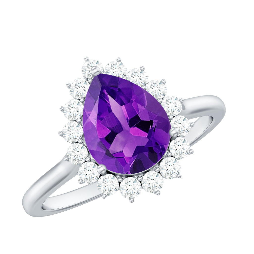 Natural 1 Carat Amethyst Pear Shaped Engagement Ring with Diamond Halo