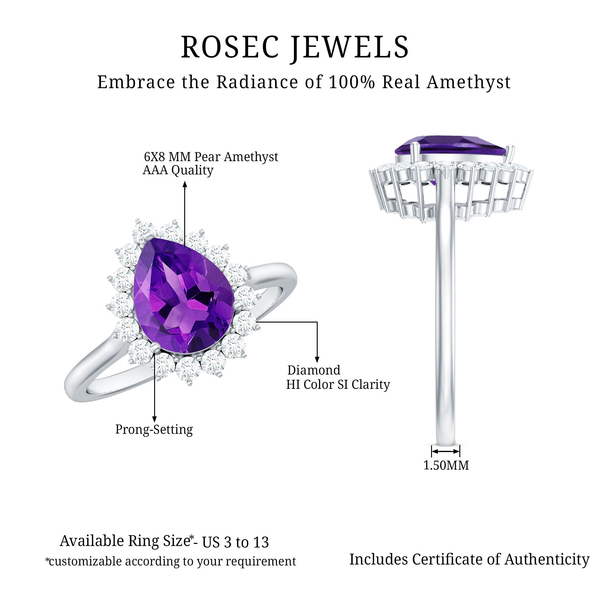 Natural 1 Carat Amethyst Pear Shaped Engagement Ring with Diamond Halo