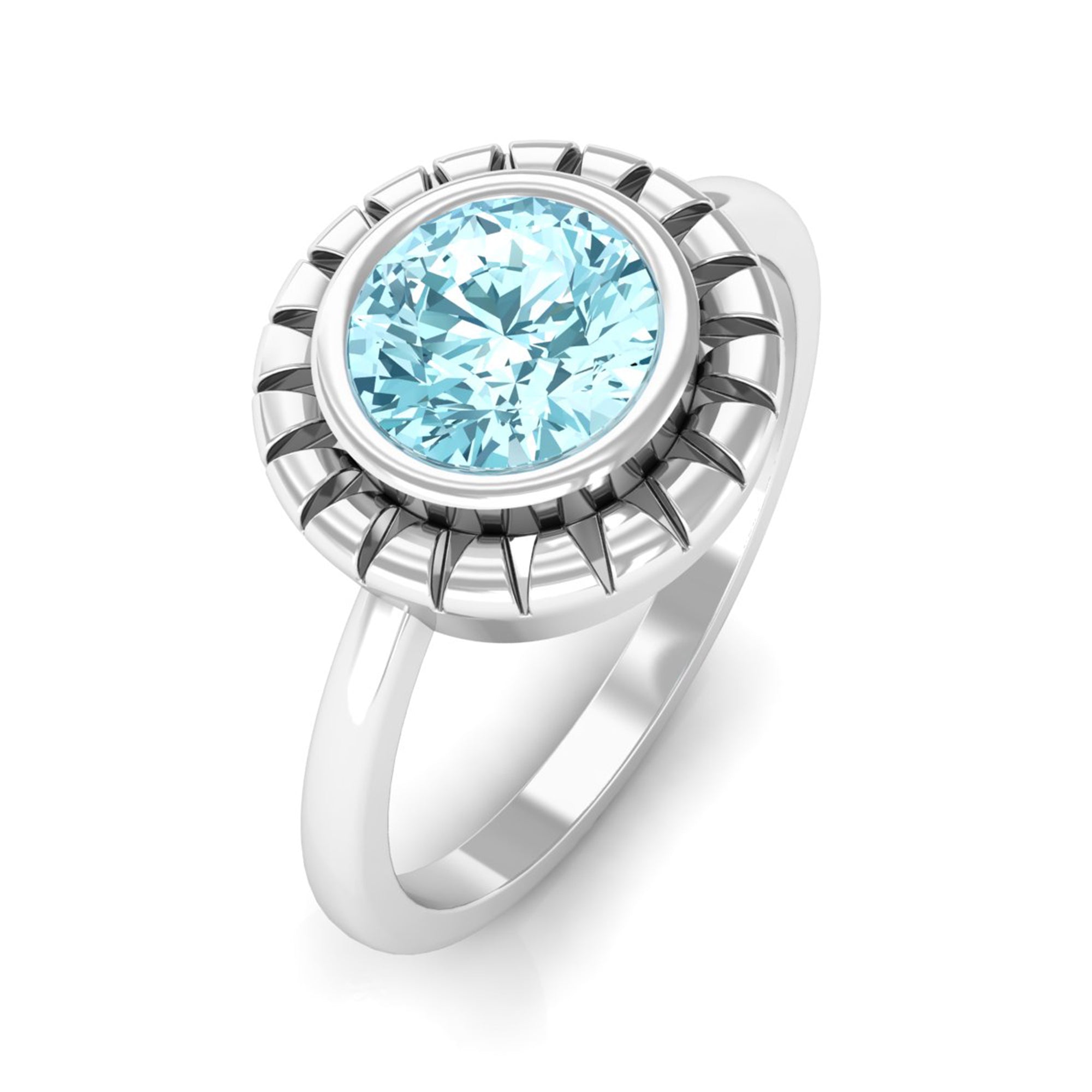 Aquamarine Solitaire Ring – Bezel Set Round Blue Gemstone Engagement Band