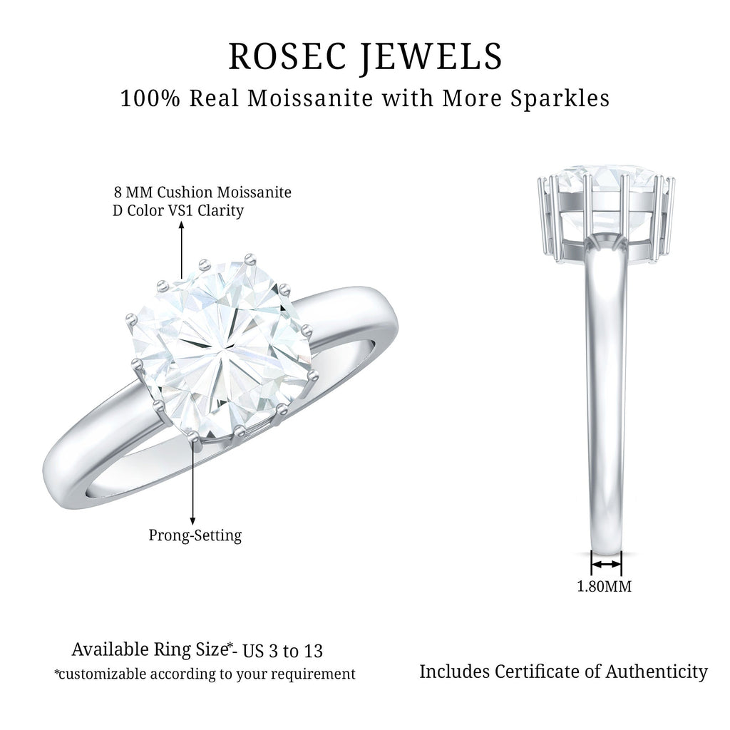 Moissanite Engagement Ring – 8 MM Cushion Cut Solitaire With Prong Setting