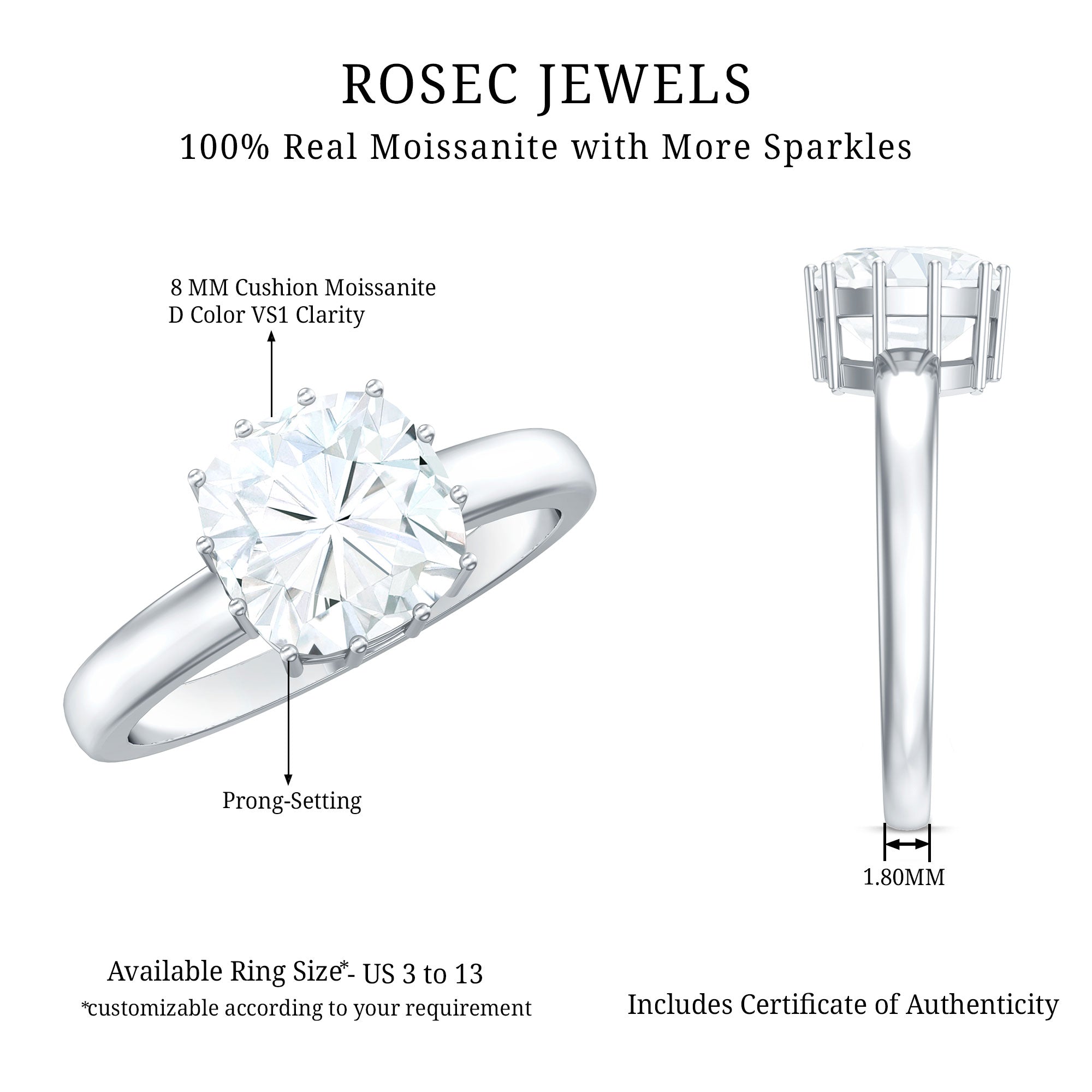 Moissanite Engagement Ring – 8 MM Cushion Cut Solitaire With Prong Setting