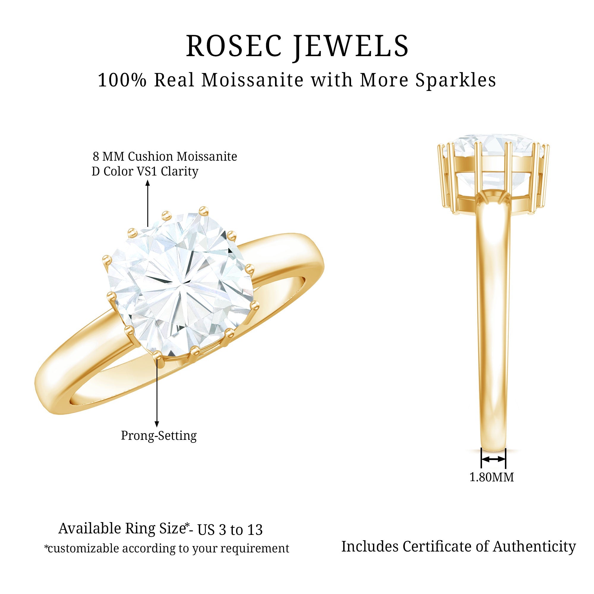 Moissanite Engagement Ring – 8 MM Cushion Cut Solitaire With Prong Setting