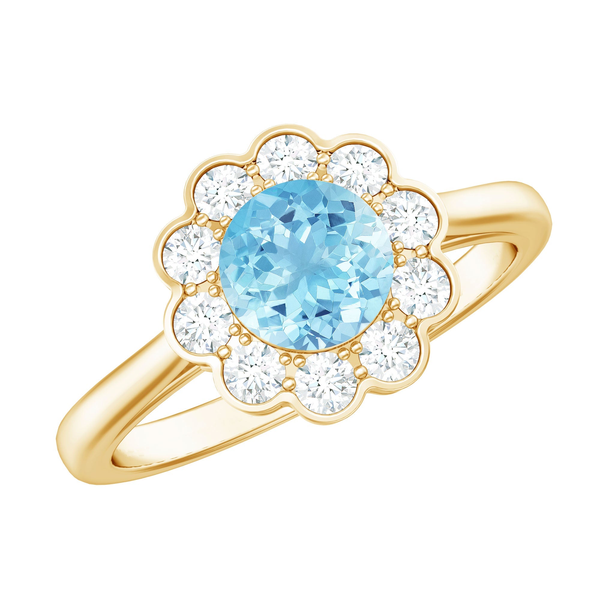 Aquamarine Engagement Ring – Bezel Set Aquamarine with Diamond Halo Floral Design