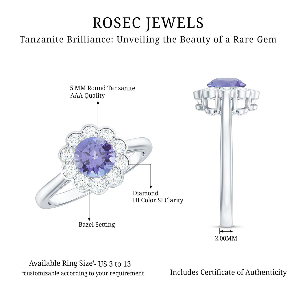 Tanzanite Engagement Ring – Floral Inspired Design With Diamond Halo Ring