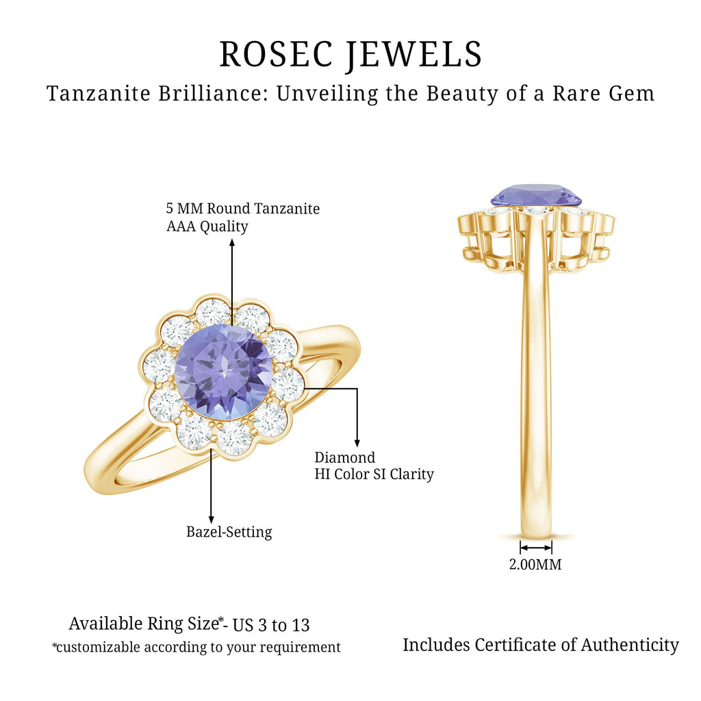 Tanzanite Engagement Ring – Floral Inspired Design With Diamond Halo Ring