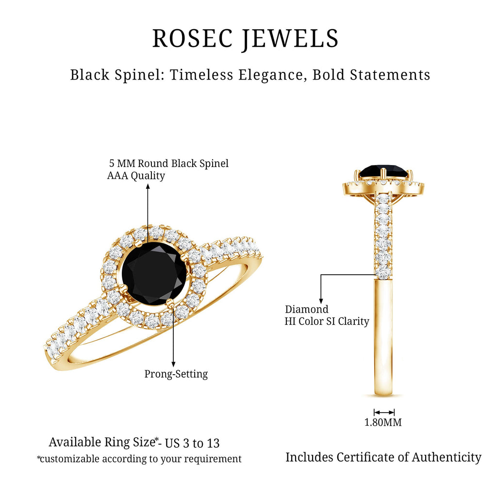 Minimal Black Spinel Minimal Engagement Ring with Diamond Halo