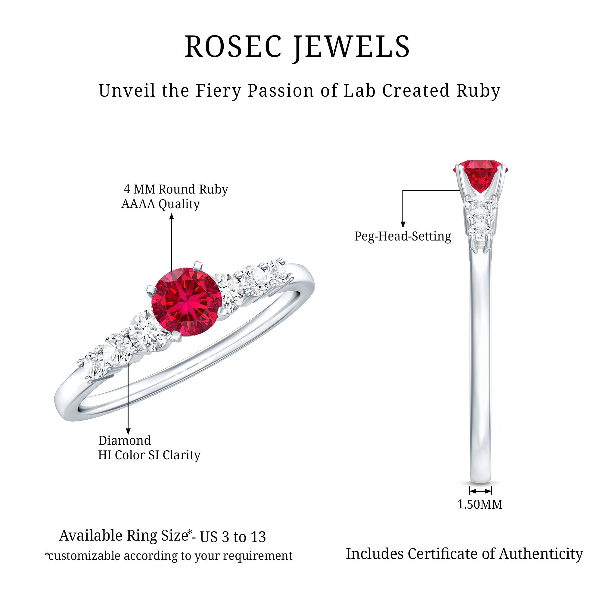Graduated style lab created ruby and diamond promise ring with peg head setting and 1.50mm band width