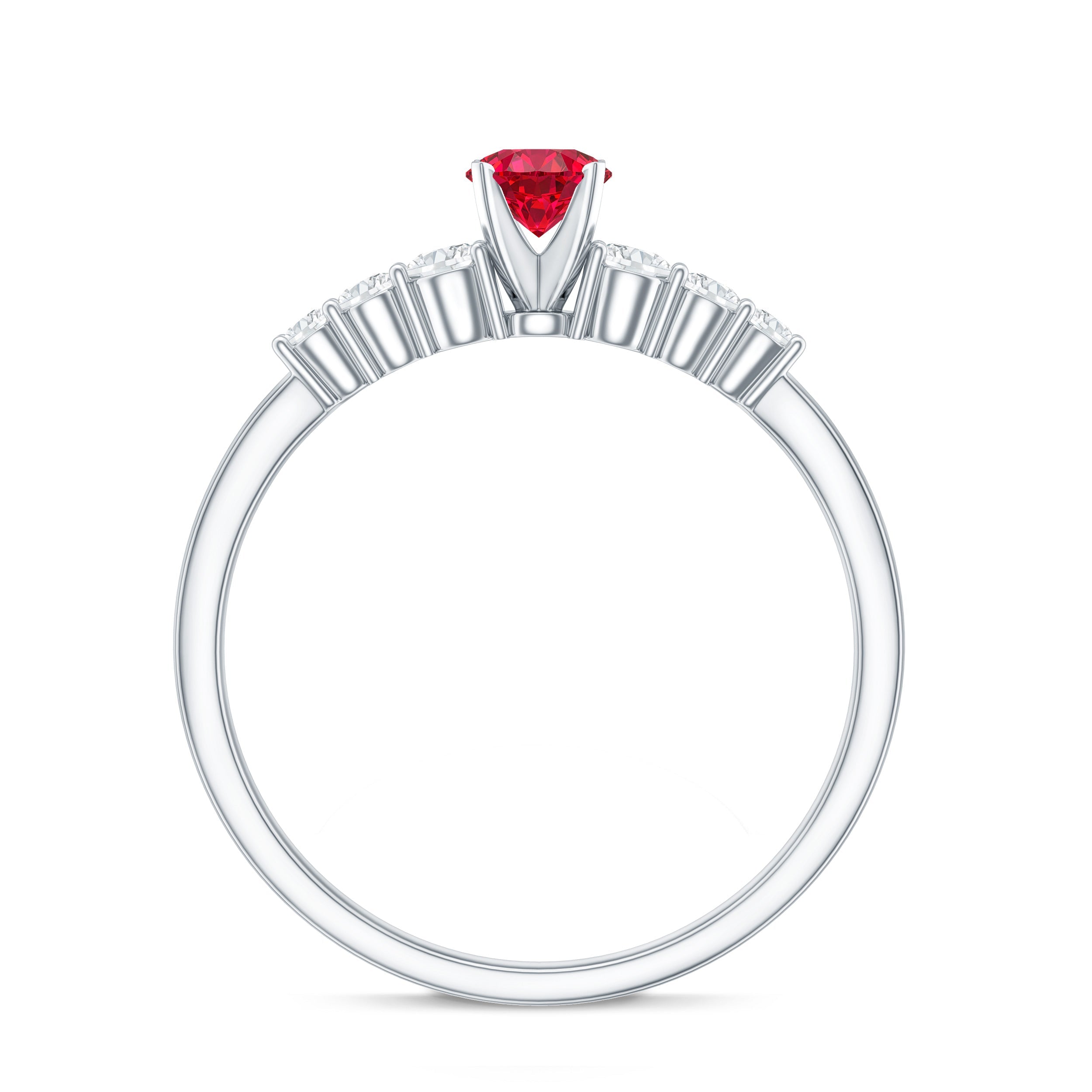Graduated style lab created ruby and diamond promise ring in silver setting