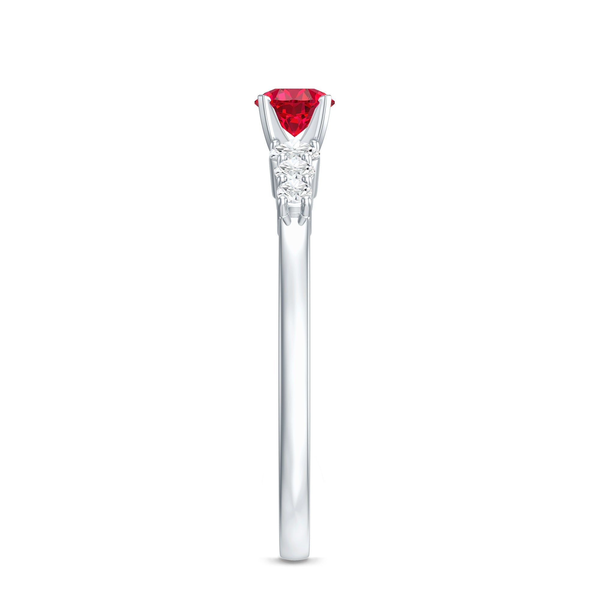 Side view of graduated style lab created ruby and diamond promise ring in white metal