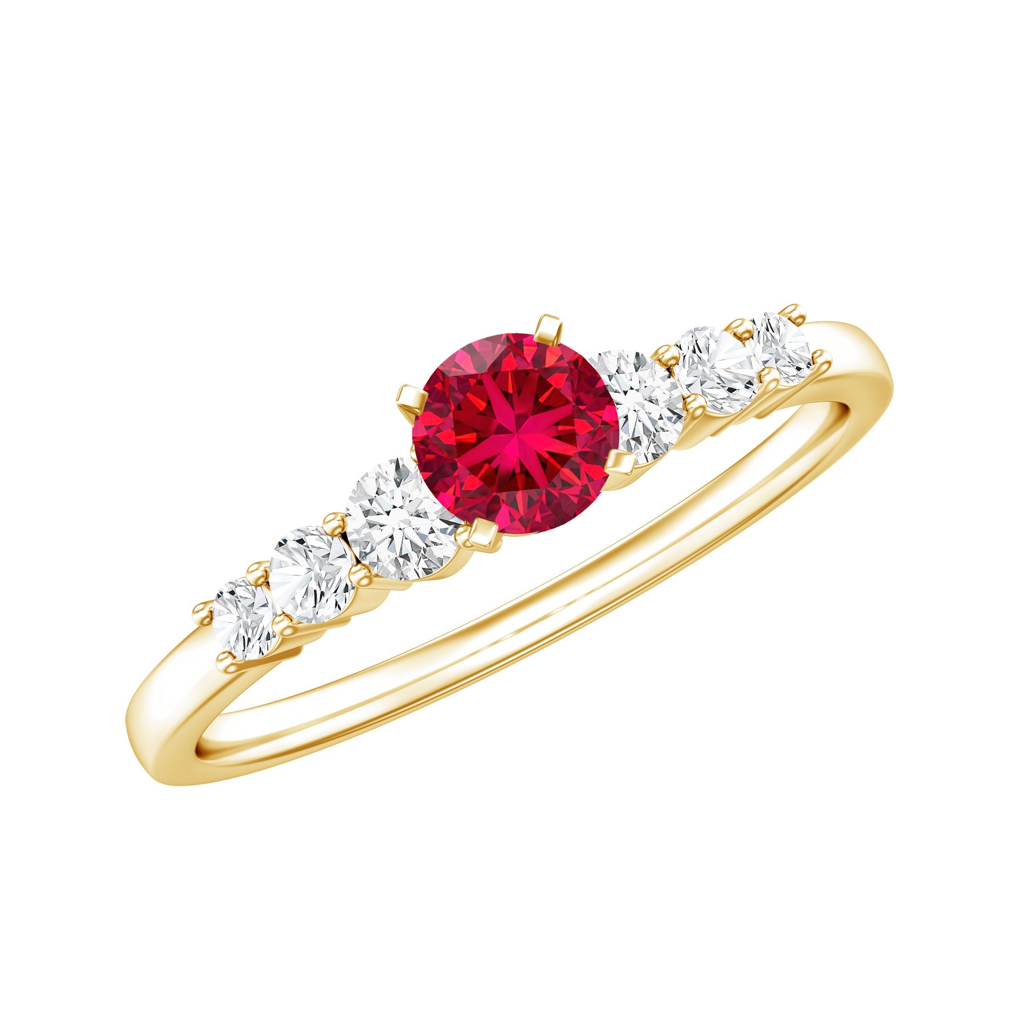 Graduated style lab created ruby and diamond promise ring in yellow gold
