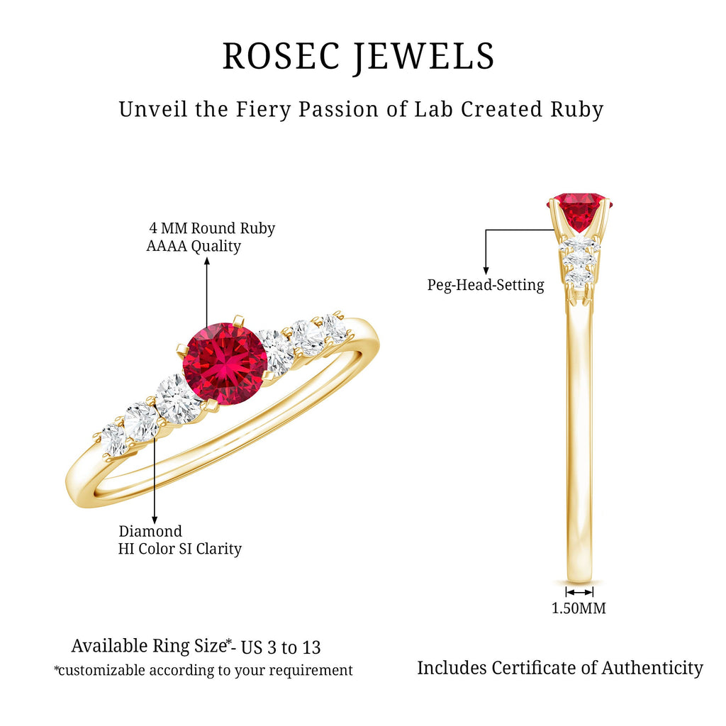 Graduated style lab created ruby and diamond promise ring with technical specifications and dimensions