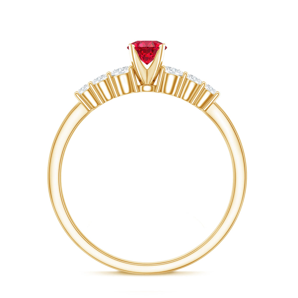 Graduated style lab created ruby and diamond promise ring in yellow gold