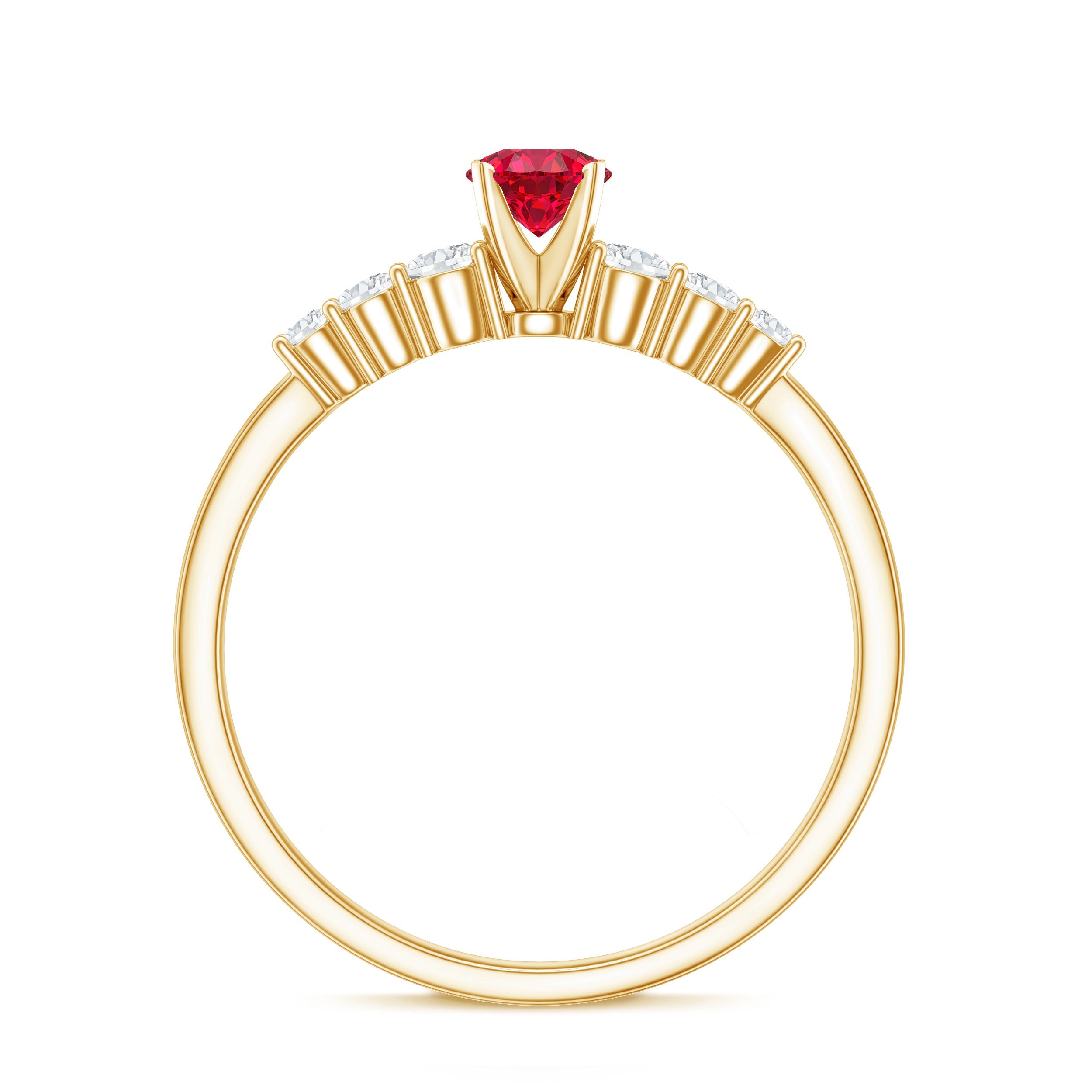Graduated style lab created ruby and diamond promise ring in yellow gold