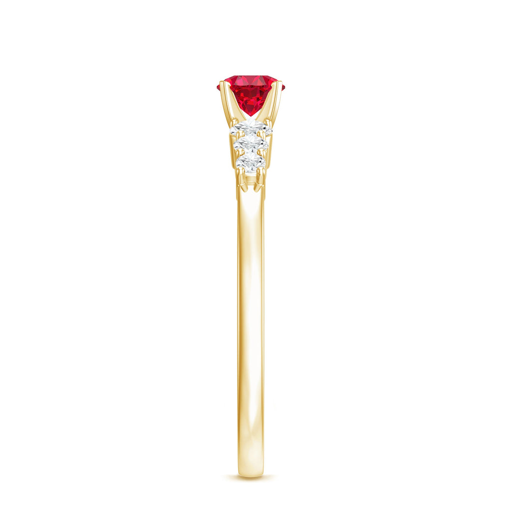 Side profile of a graduated style lab created ruby and diamond promise ring in yellow gold