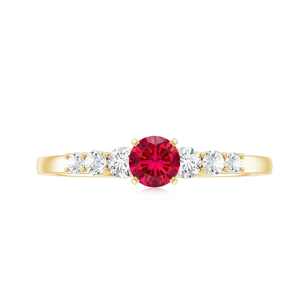 Graduated style lab created ruby and diamond promise ring in yellow gold