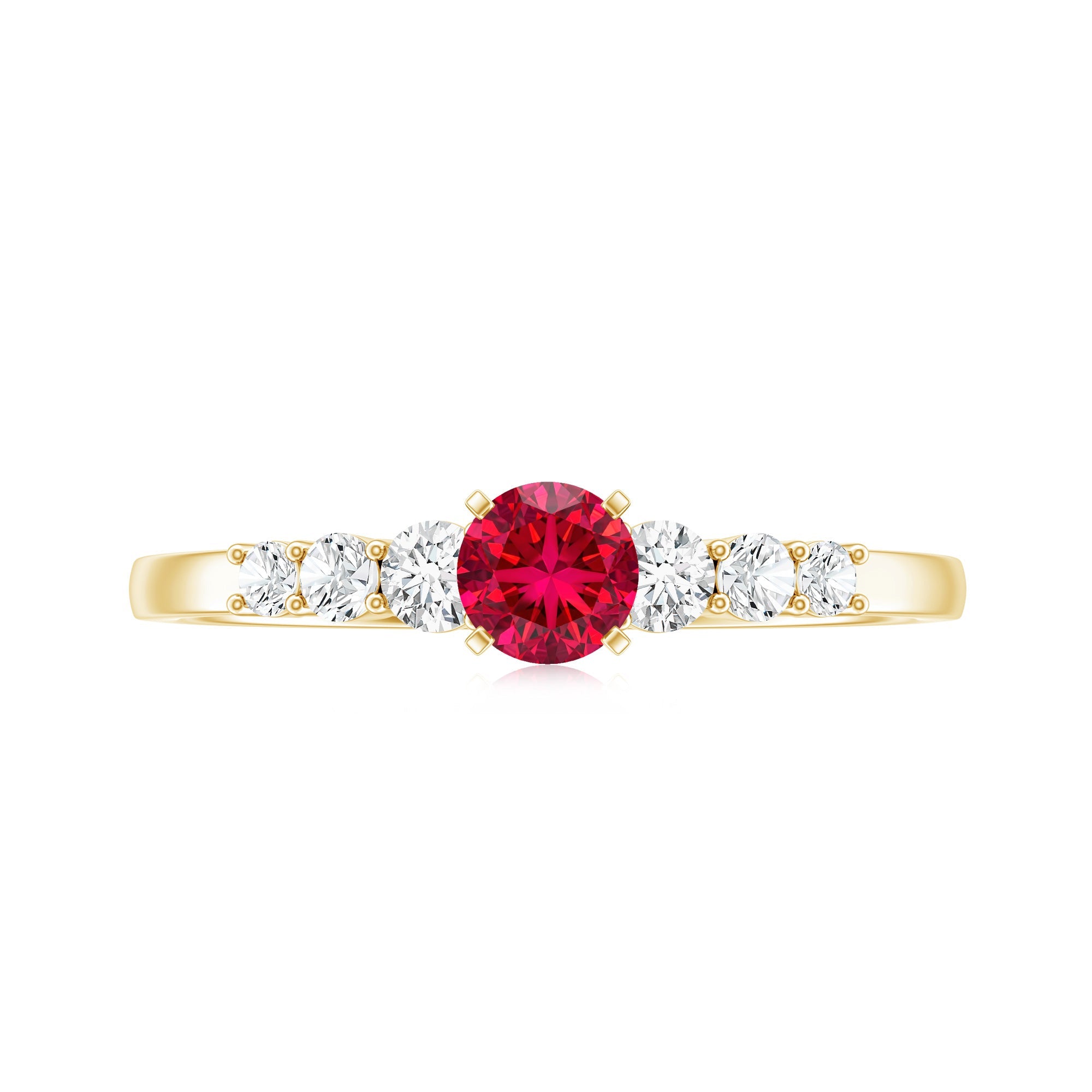 Graduated style lab created ruby and diamond promise ring in yellow gold