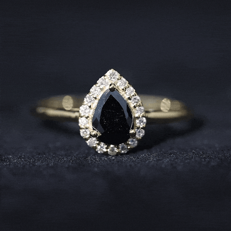 Certified Real Black Spinel Teardrop Engagement Ring with Diamond Halo