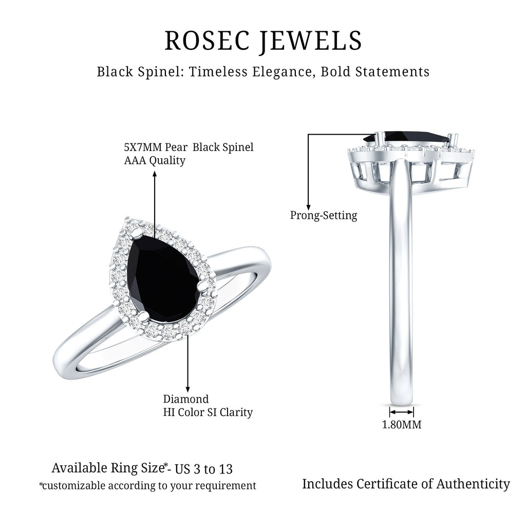 Certified Real Black Spinel Teardrop Engagement Ring with Diamond Halo
