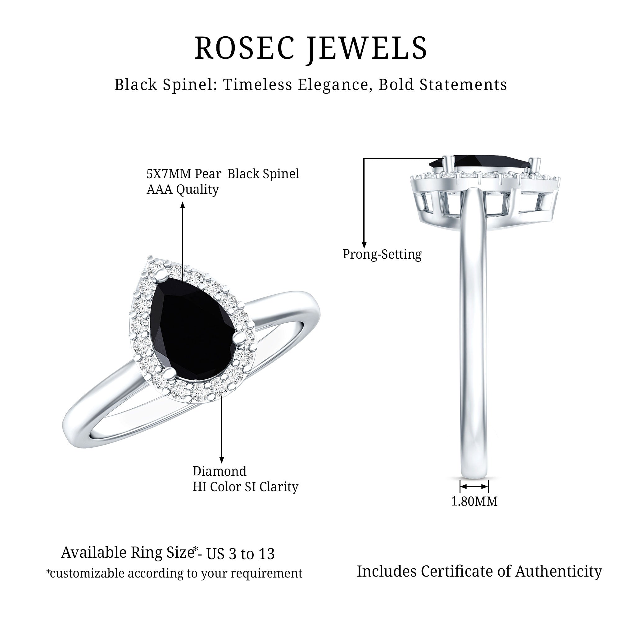 Certified Real Black Spinel Teardrop Engagement Ring with Diamond Halo