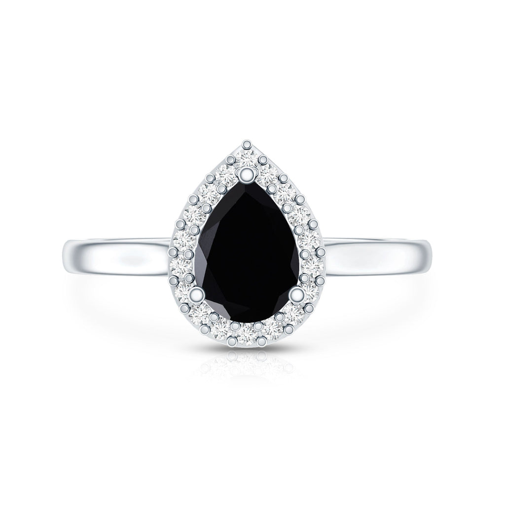 Certified Real Black Spinel Teardrop Engagement Ring with Diamond Halo