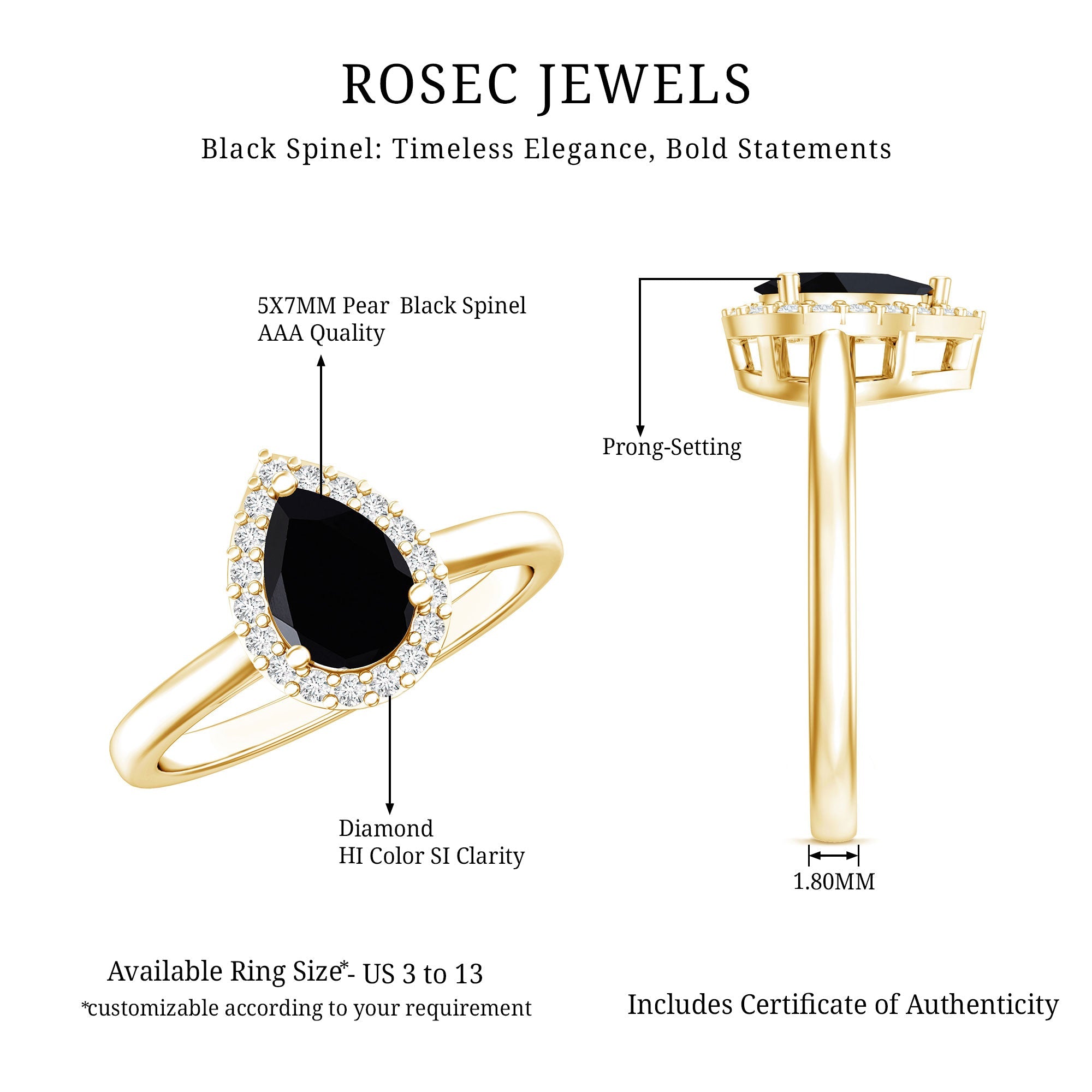 Certified Real Black Spinel Teardrop Engagement Ring with Diamond Halo