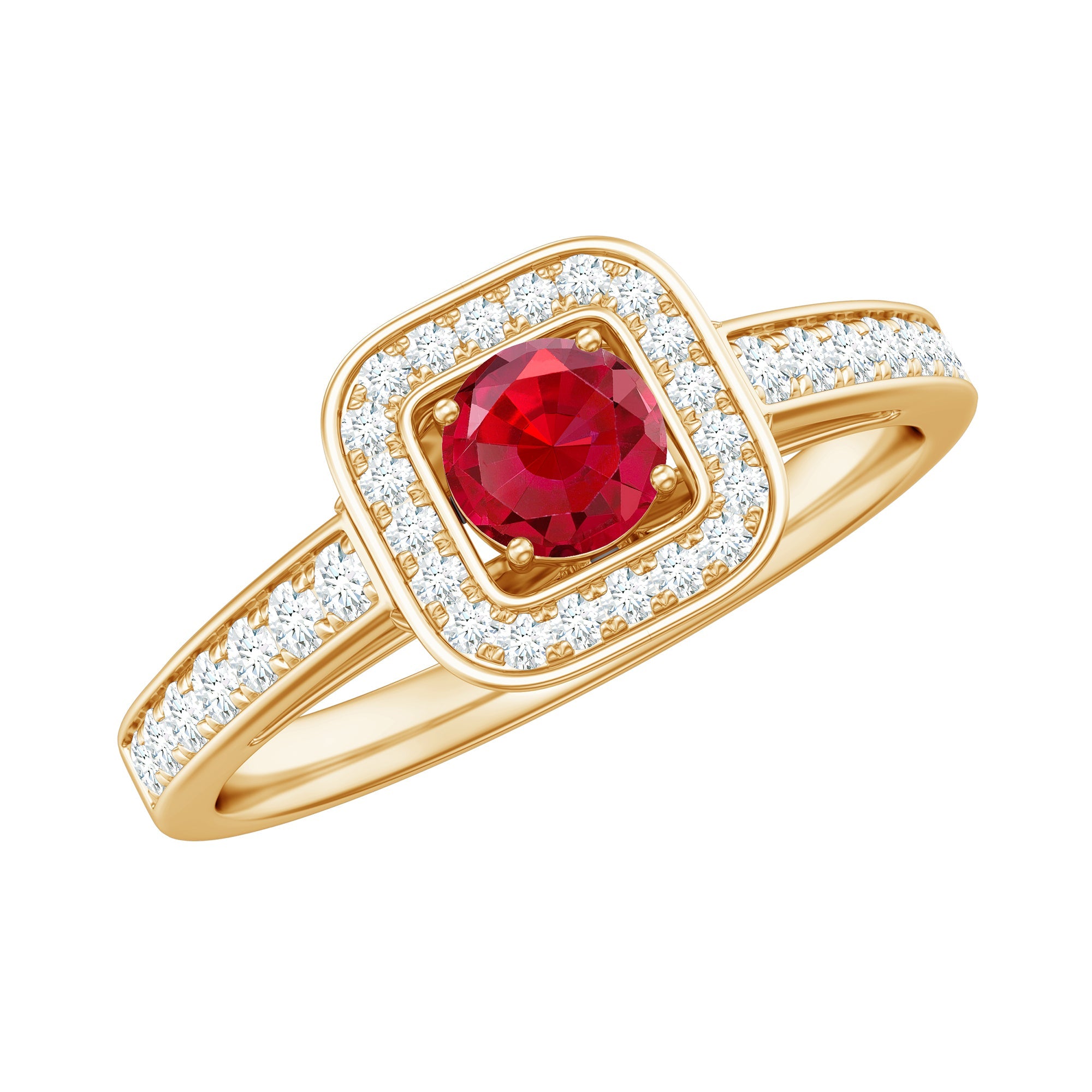 Vintage style lab ruby and diamond halo engagement ring in yellow gold