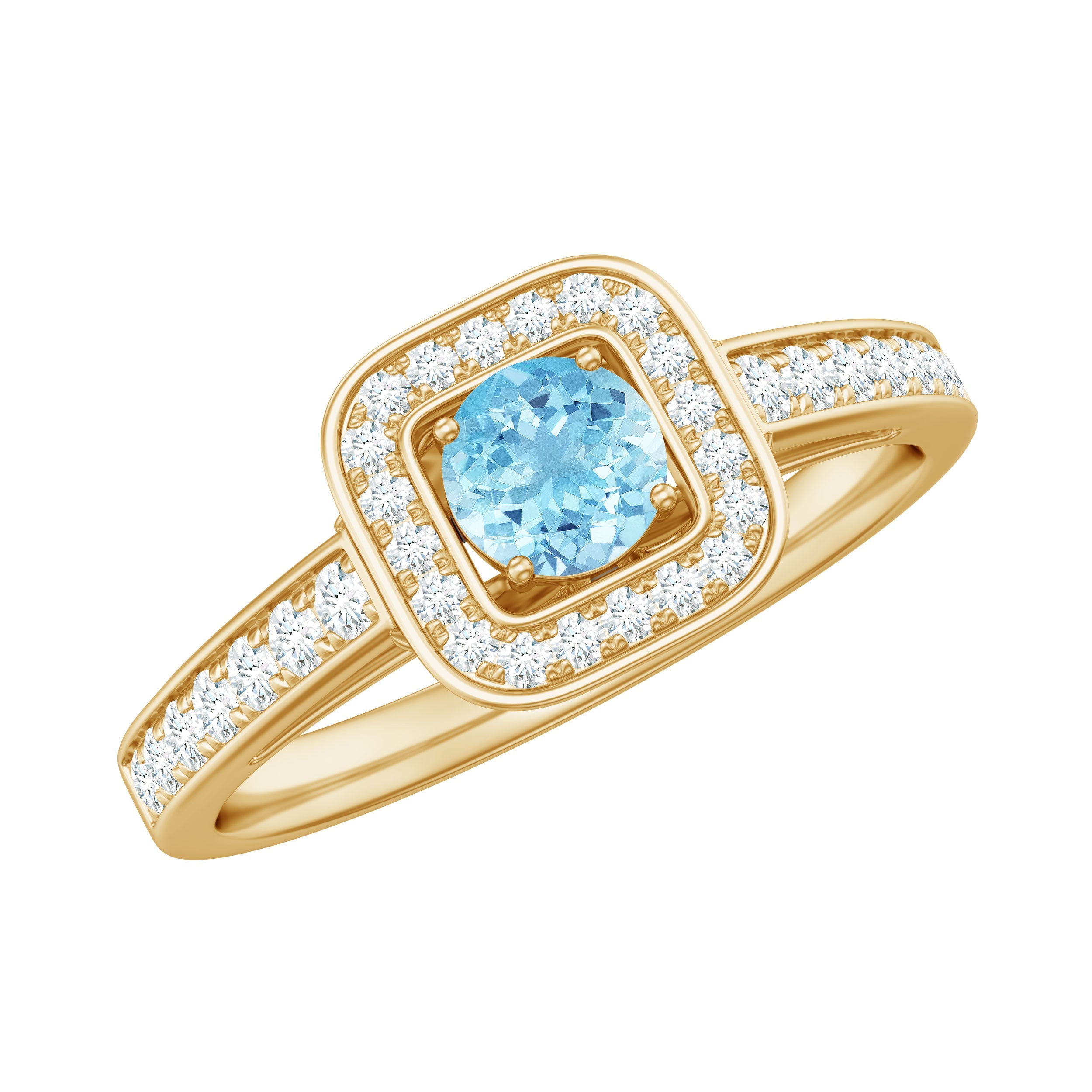 Aquamarine Engagement Ring – Vintage Blue Cushion Halo Setting With Diamonds