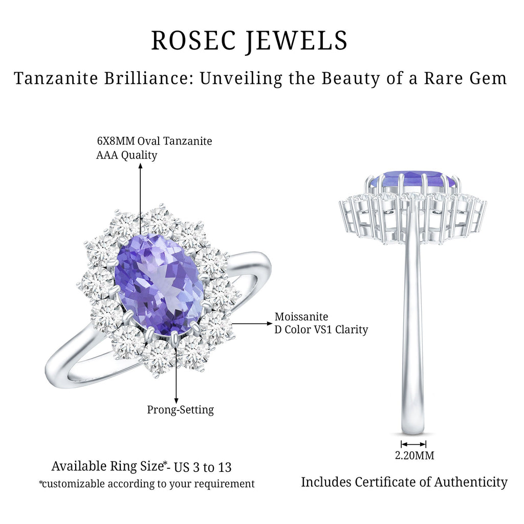 Tanzanite Engagement Ring – 1 Carat Oval Halo Ring with Moissanite Sparkle