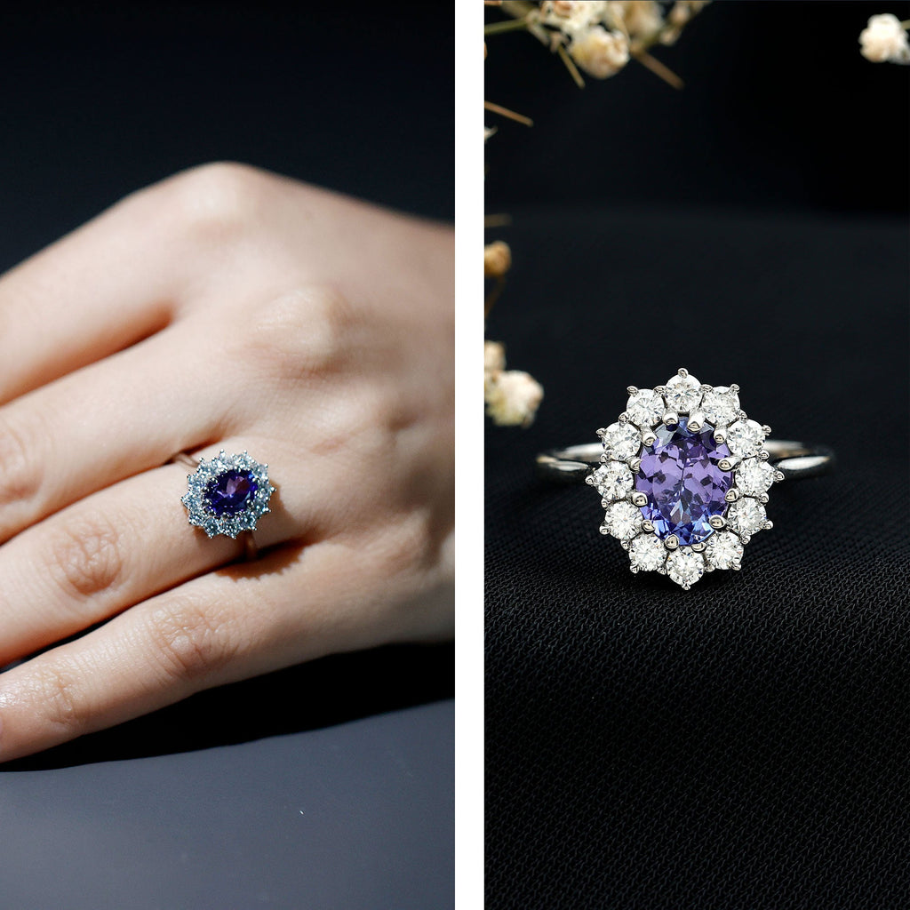 Tanzanite Engagement Ring – 1 Carat Oval Halo Ring with Moissanite Sparkle