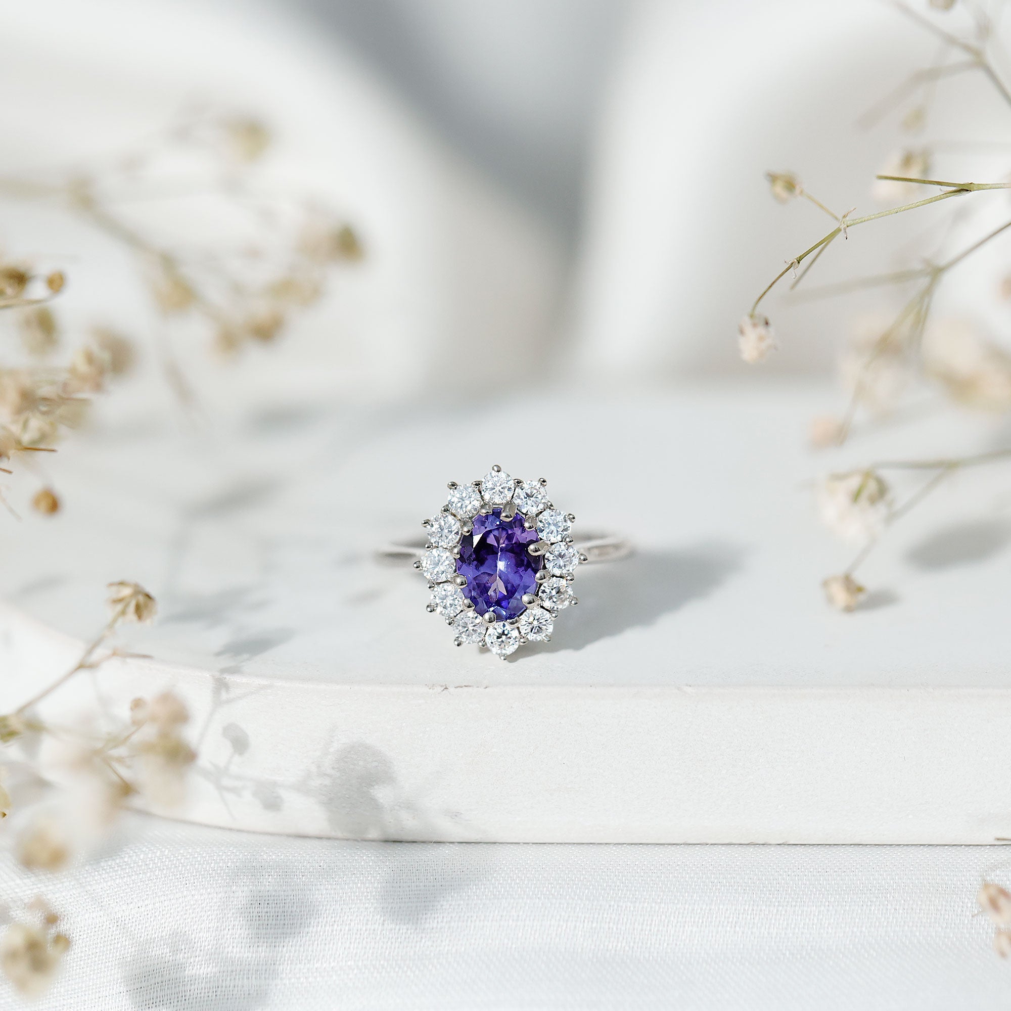 Tanzanite Engagement Ring – 1 Carat Oval Halo Ring with Moissanite Sparkle