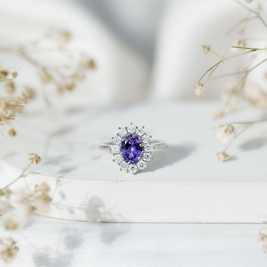Oval Tanzanite Ring - 1.3 Carat Blue Gemstone With Moissanite Halo In Silver Band