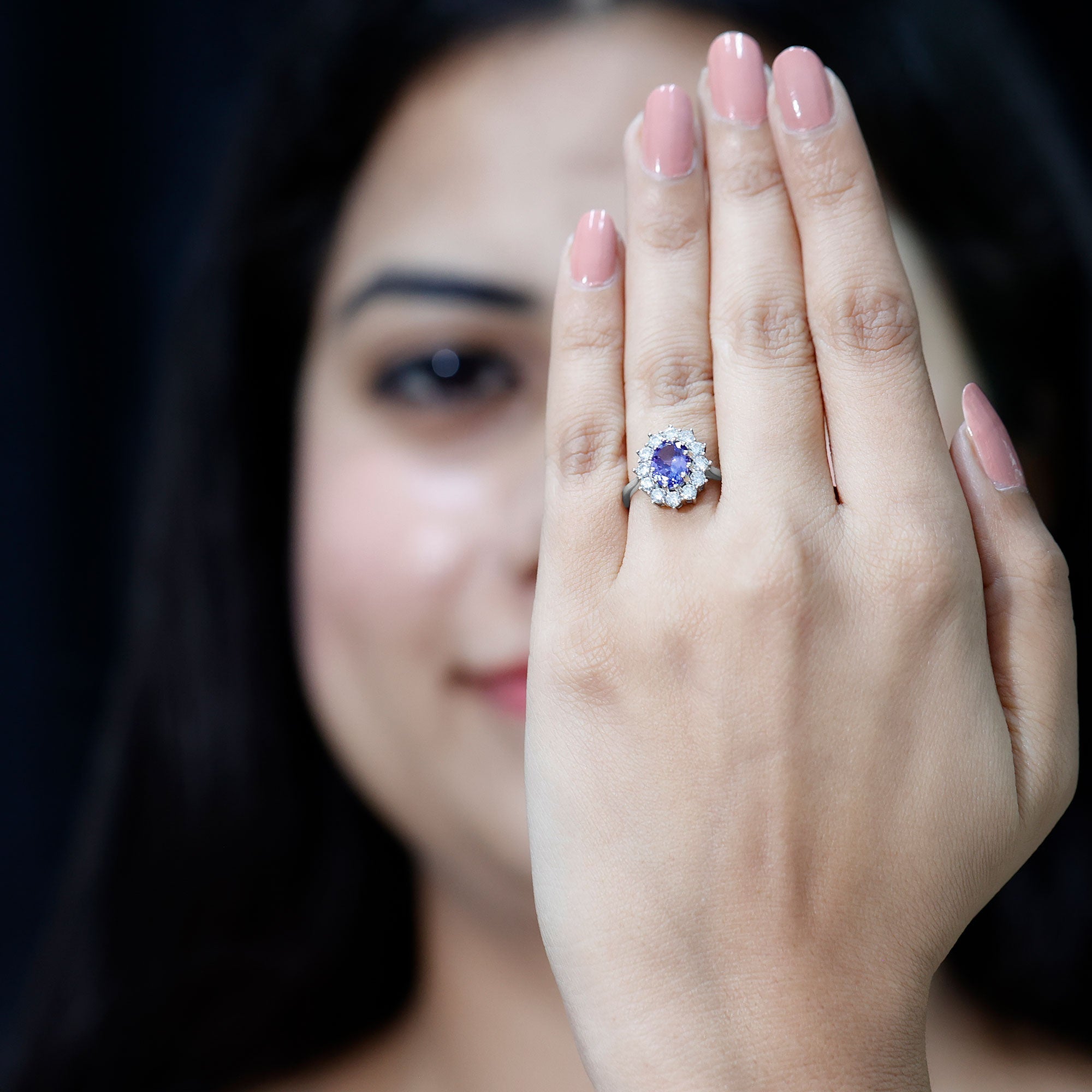 Tanzanite Engagement Ring – 1 Carat Oval Halo Ring with Moissanite Sparkle