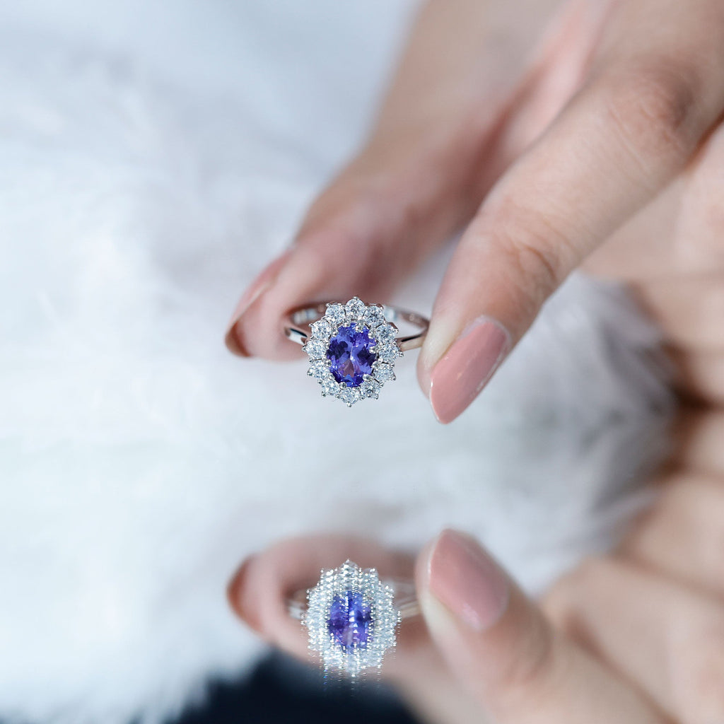 Tanzanite Engagement Ring – 1 Carat Oval Halo Ring with Moissanite Sparkle