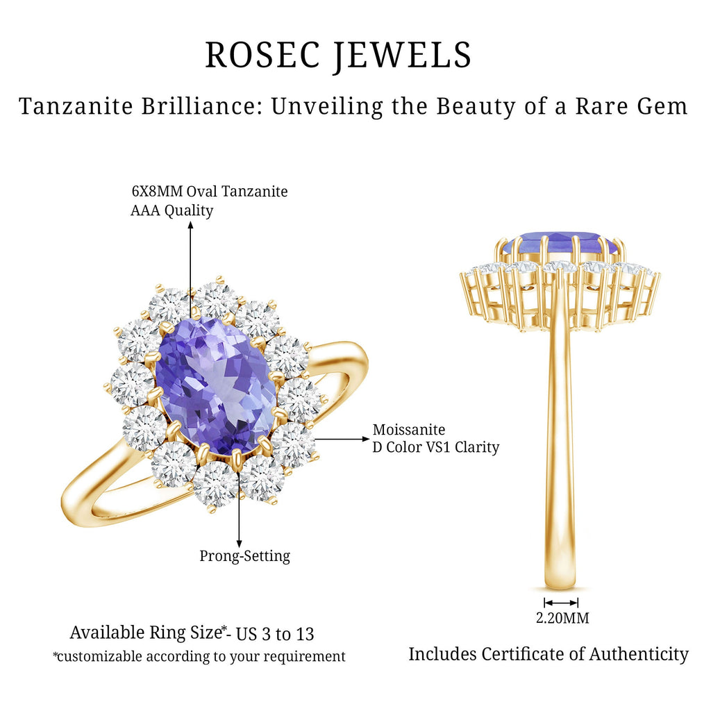 Tanzanite Engagement Ring – 1 Carat Oval Halo Ring with Moissanite Sparkle