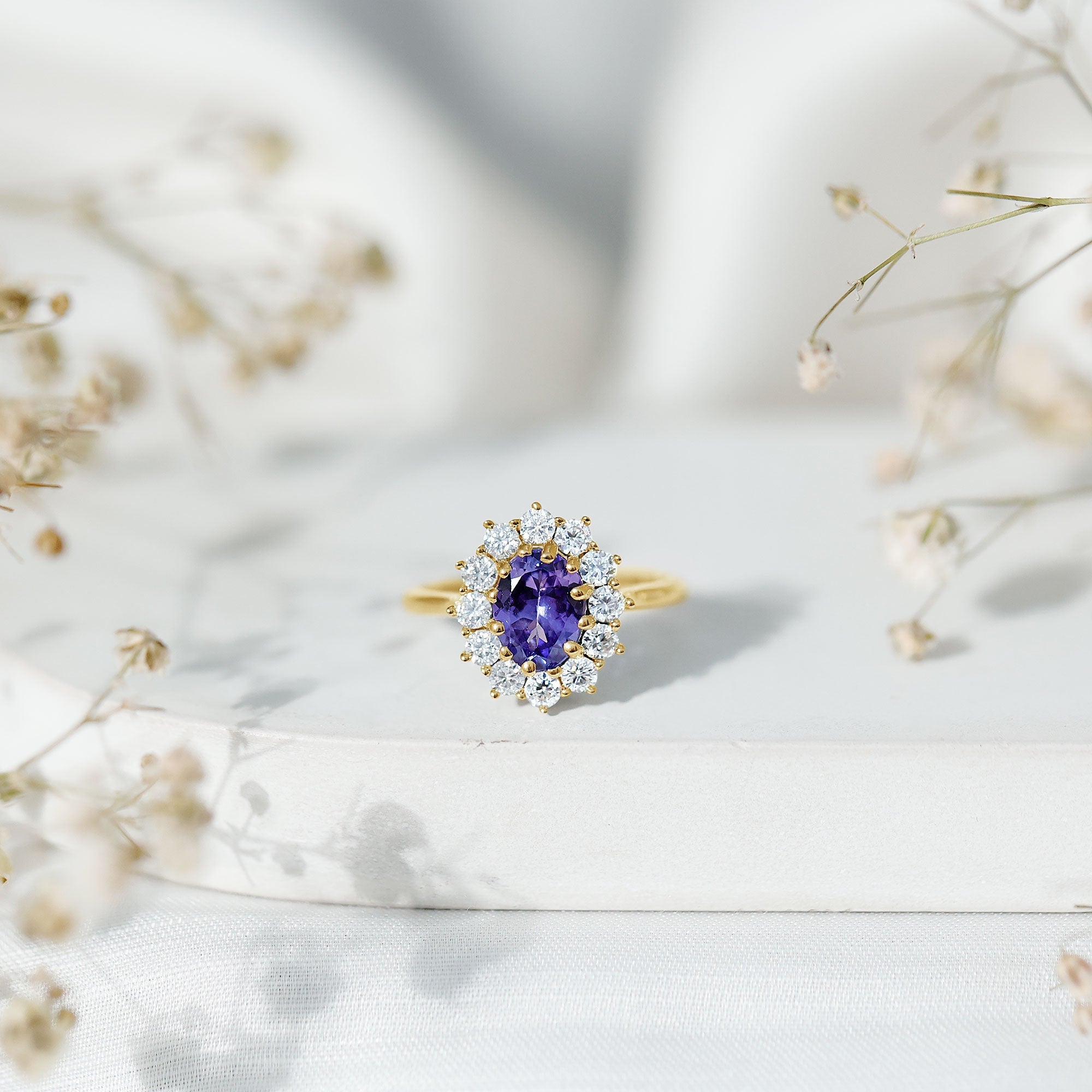 Tanzanite Engagement Ring – 1 Carat Oval Halo Ring with Moissanite Sparkle