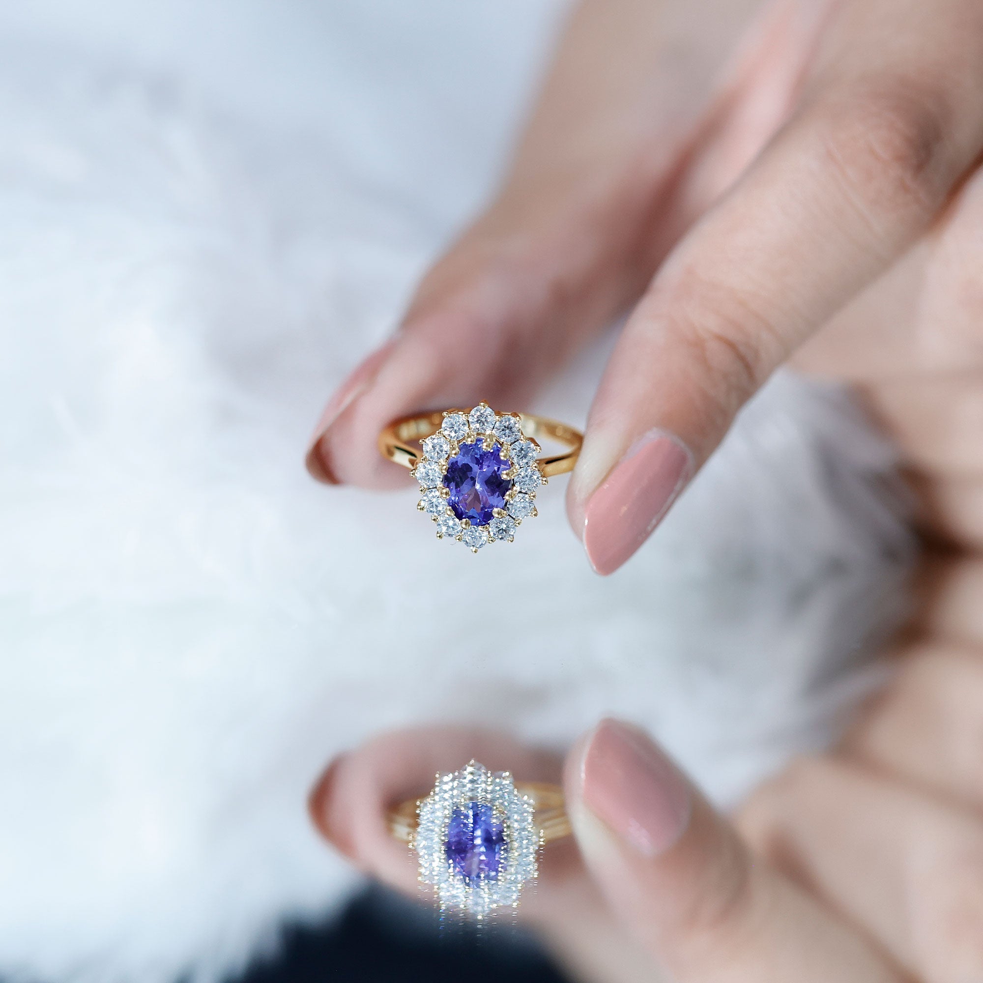 Tanzanite Engagement Ring – 1 Carat Oval Halo Ring with Moissanite Sparkle