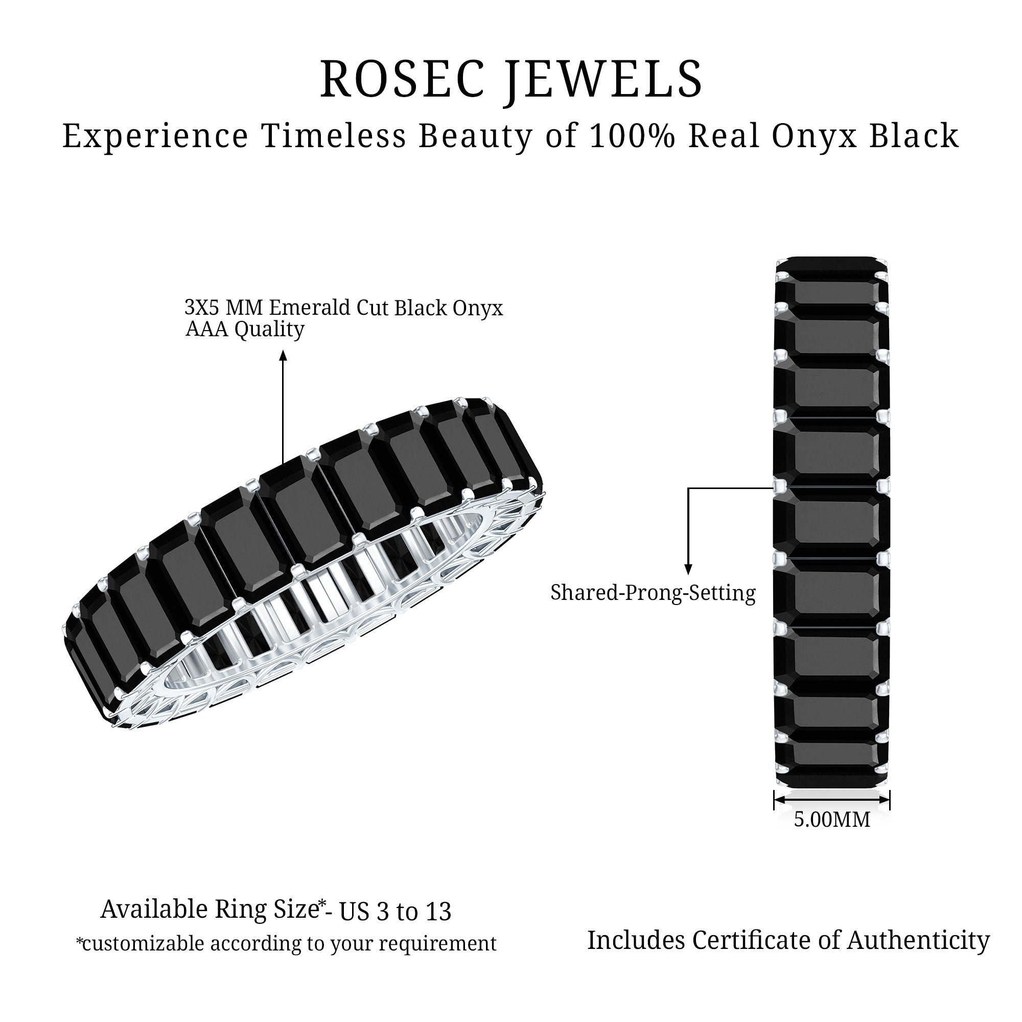 Black Onyx Emerald Cut Eternity Band in Shared Prong Setting