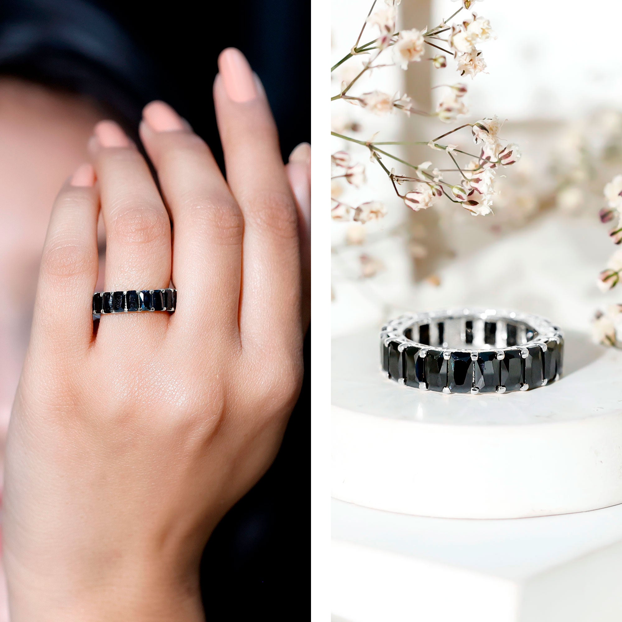 Black Onyx Emerald Cut Eternity Band in Shared Prong Setting