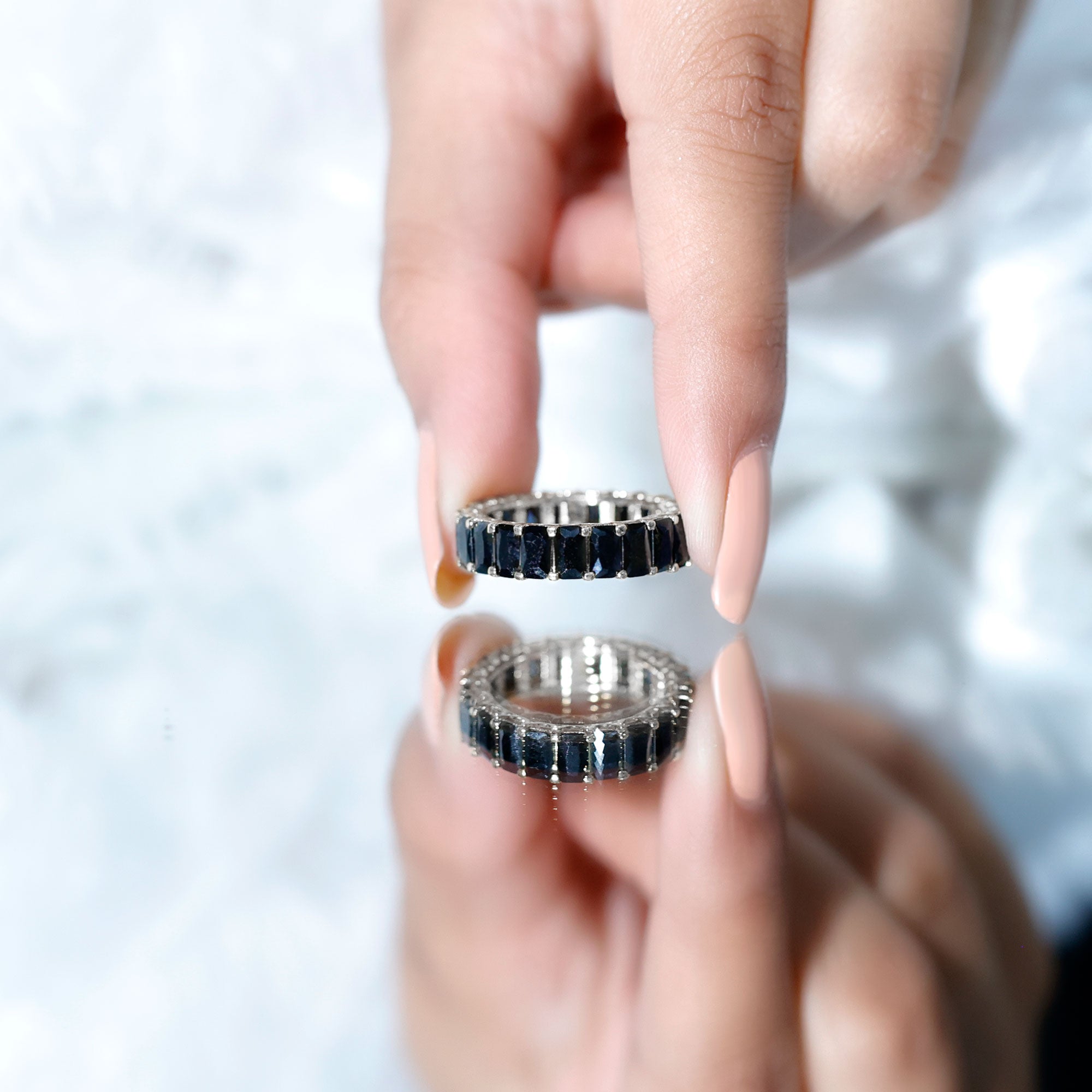 Black Onyx Emerald Cut Eternity Band in Shared Prong Setting